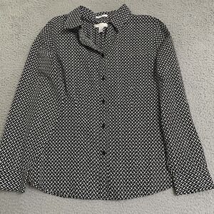Chico's (no-Iron) Black/White Geometric Long Sleeve Button Down Blouse, Small 1